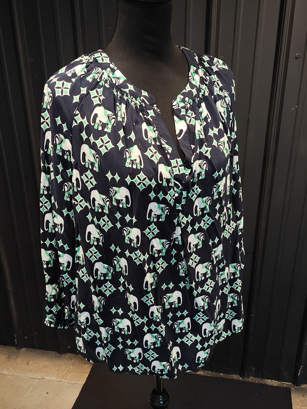 Navy Blue Elephant Print Button Front Blouse - Mint & White